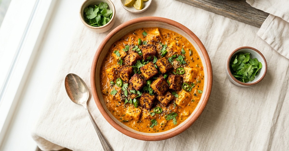 Air Fryer Achari Tempeh with Creamy Paneer Masala Sauce