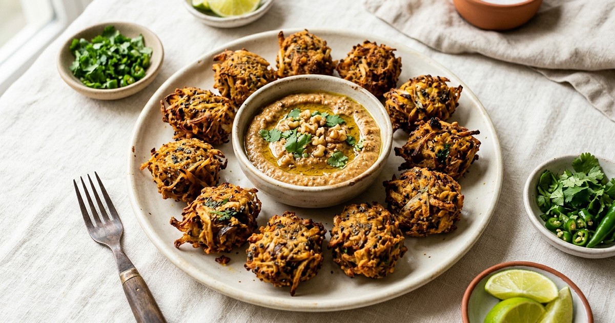 Air Fryer Almond-Chia Onion Bhaji Bites with Toasted Walnut Chutney
