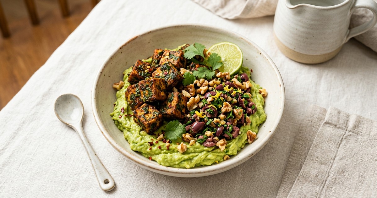 Air Fryer Chermoula Tofu Bowls with Olive-Walnut Crush