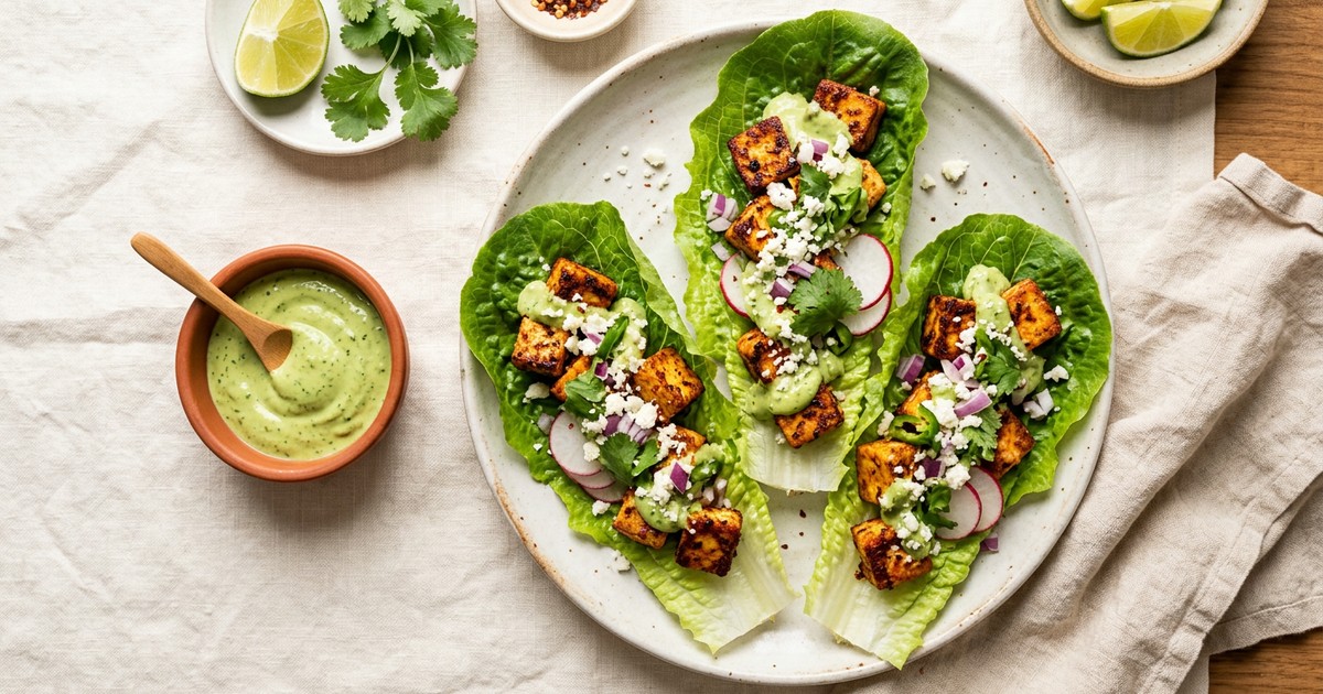 Air Fryer Chipotle-Lime Paneer Lettuce Tacos with Avocado Crema