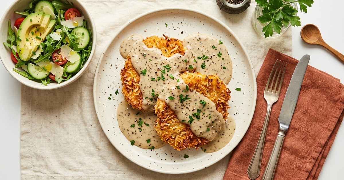 Air Fryer Coconut Country-Fried Cauliflower Cutlets with Black Pepper Gravy