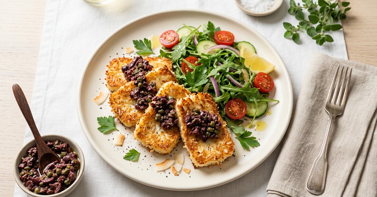 Air Fryer Coconut-Crusted Halloumi with Kalamata Olive Tapenade