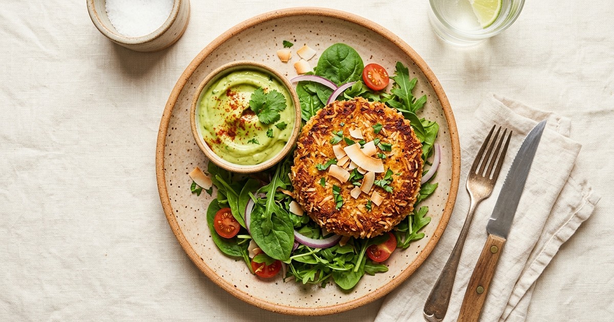 Air Fryer Coconut Tofu Burger Patties with Avocado Secret Sauce