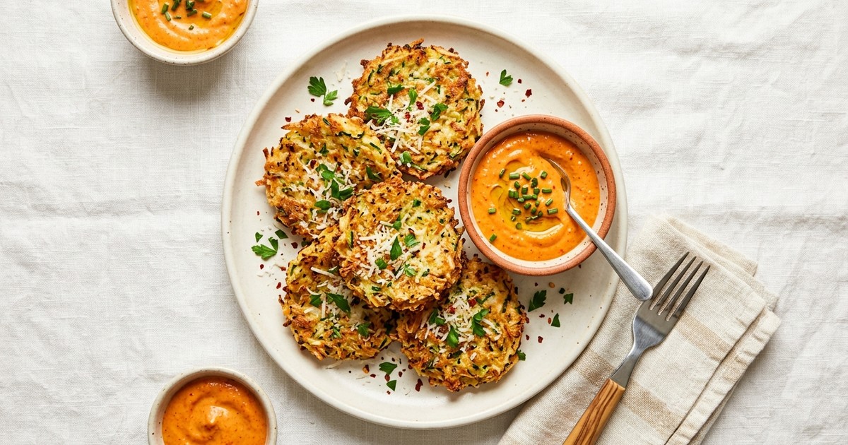 Air Fryer Italian Coconut Zucchini Fritters with Roasted Red Pepper Aioli