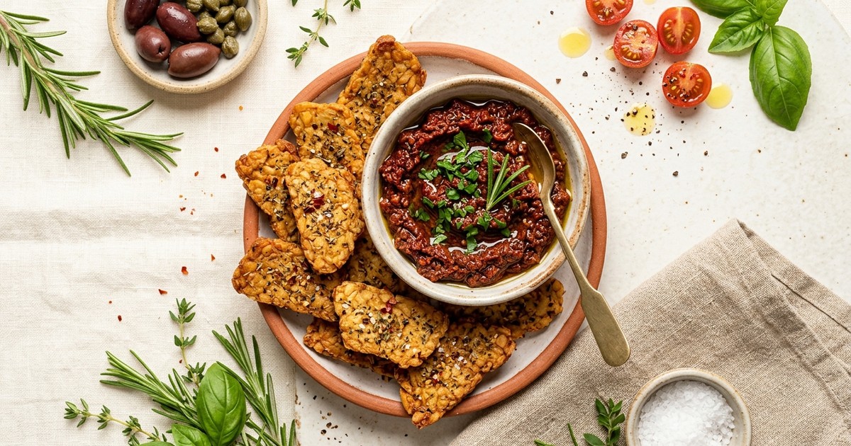 Air Fryer Italian Herb Tempeh Crisps with Sun-Dried Tomato Tapenade