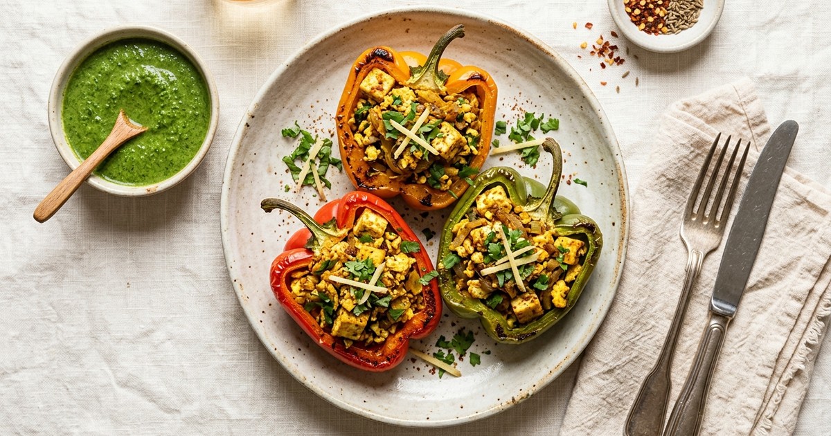 Air Fryer Masala Egg & Paneer Stuffed Peppers with Green Chutney