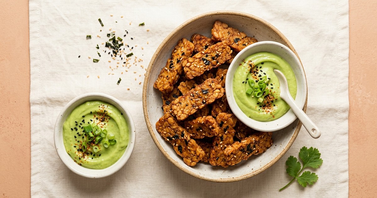 Air Fryer Miso-Nori Tempeh Chips with Wasabi-Avocado Cream