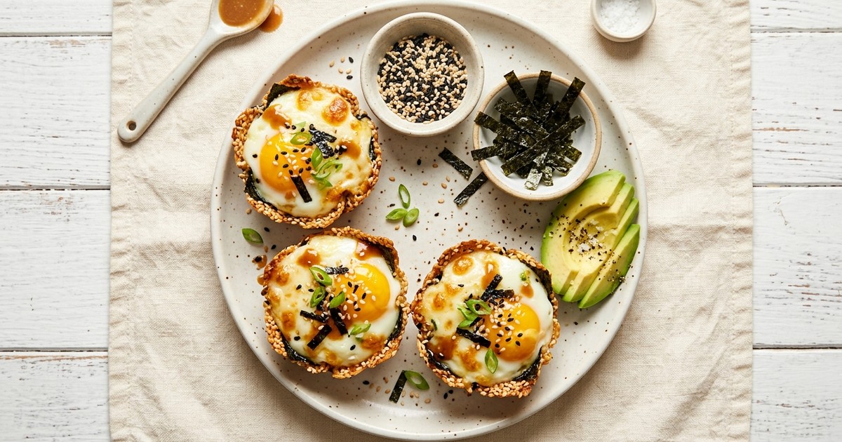 Air Fryer Miso-Sesame Mozzarella Egg Cups with Crispy Nori