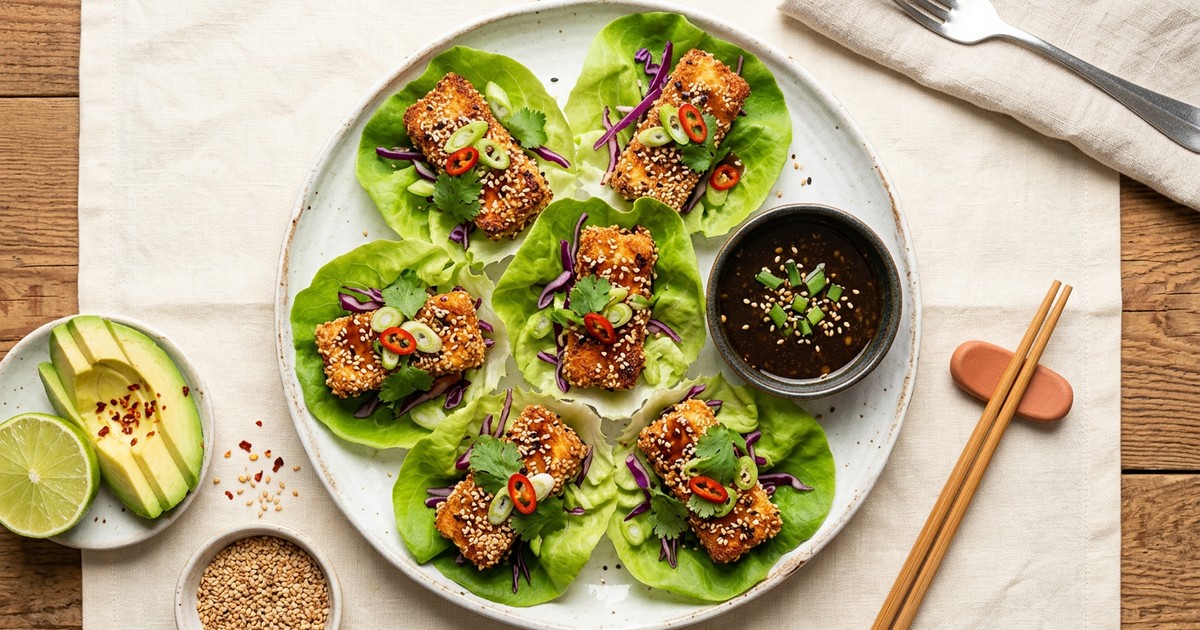 Air Fryer Sesame Halloumi Lettuce Wraps with Ginger Soy Glaze