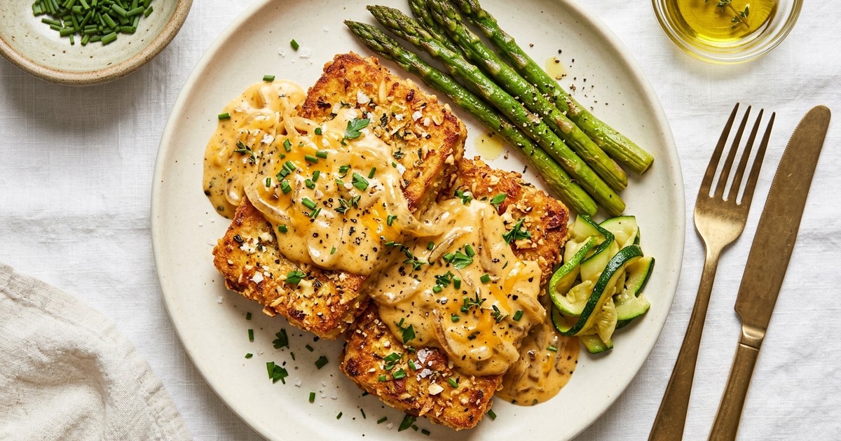 Air Fryer Smothered Tofu Steaks with Cheddar-Onion Cream Gravy