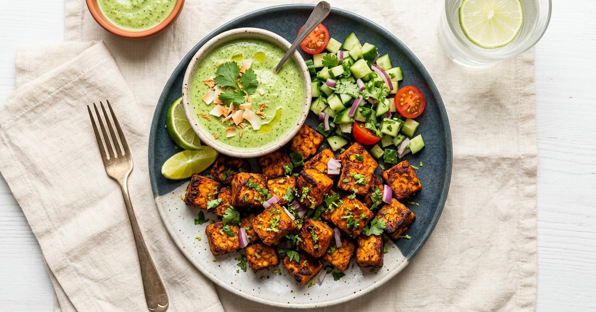 Air Fryer Tandoori Tempeh Bites with Cilantro-Coconut Chutney