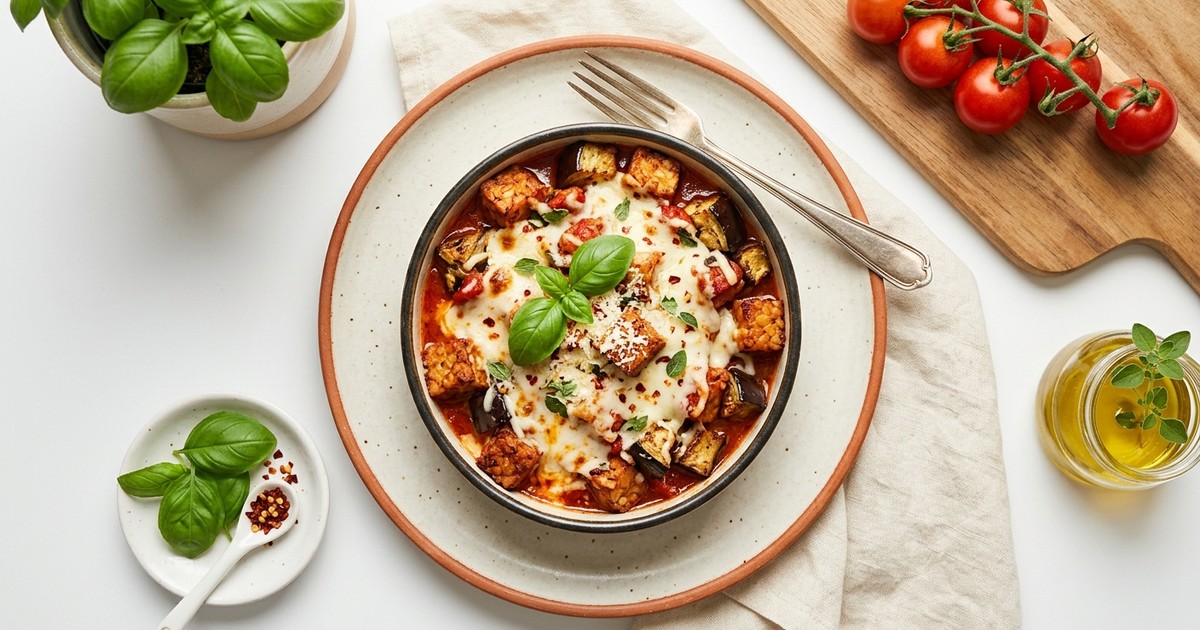 Air Fryer Tempeh Pizzaiola Bowls with Eggplant & Melted Mozzarella