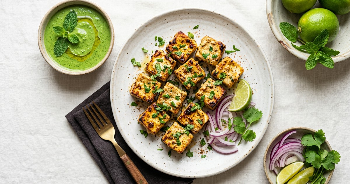 Air Fryer Tofu Malai Tikka with Mint Yogurt Chutney
