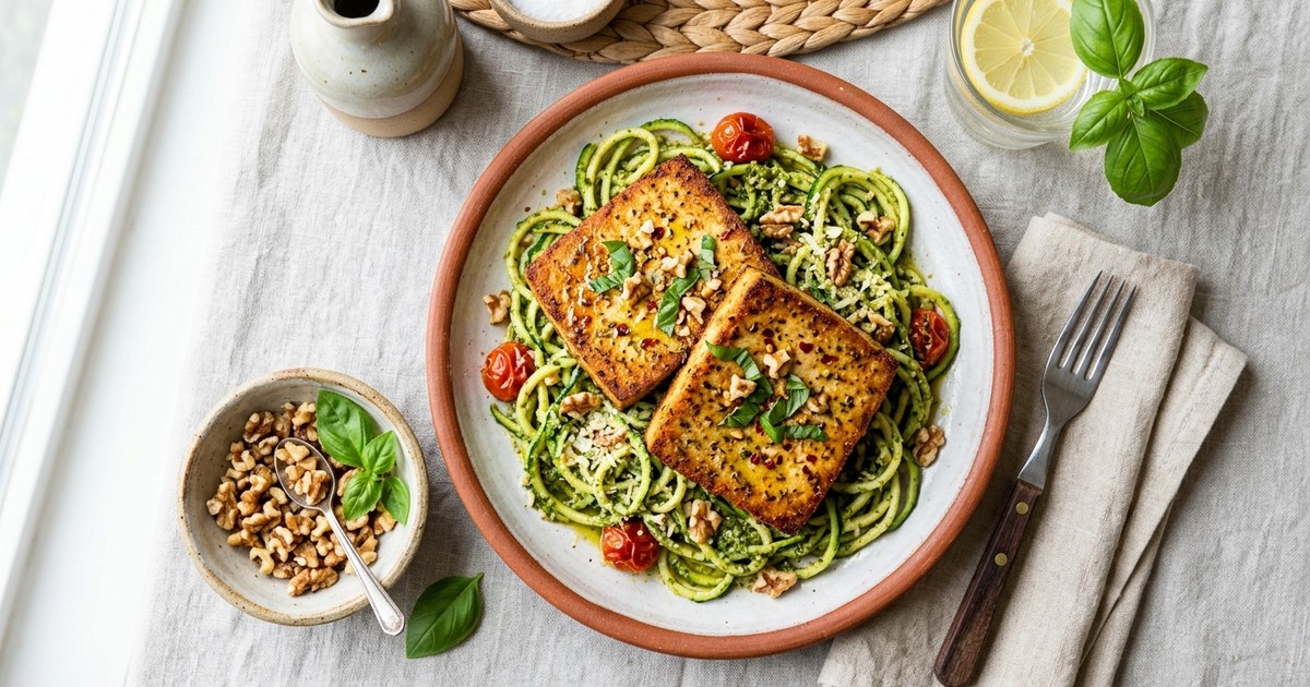 Air Fryer Tuscan Tofu Steaks with Walnut-Basil Pesto Zoodles