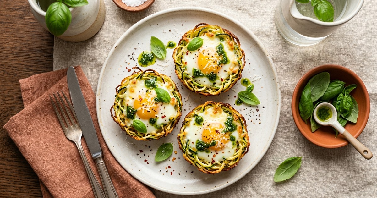 Air Fryer Zucchini Nest Egg Bakes with Parmesan & Basil Oil