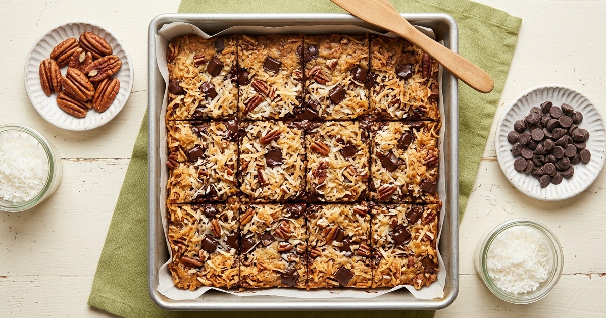 Batch-Prep Coconut Magic Cookie Bars with Pecans & Dark Chocolate
