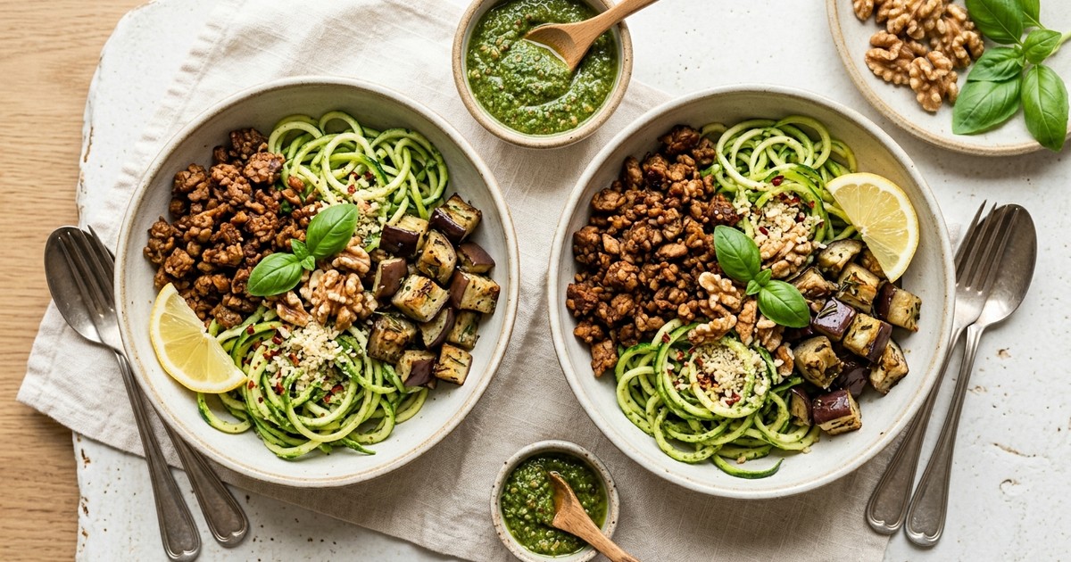 Batch-Prep Italian Pesto Tempeh Bowls with Zucchini Noodles