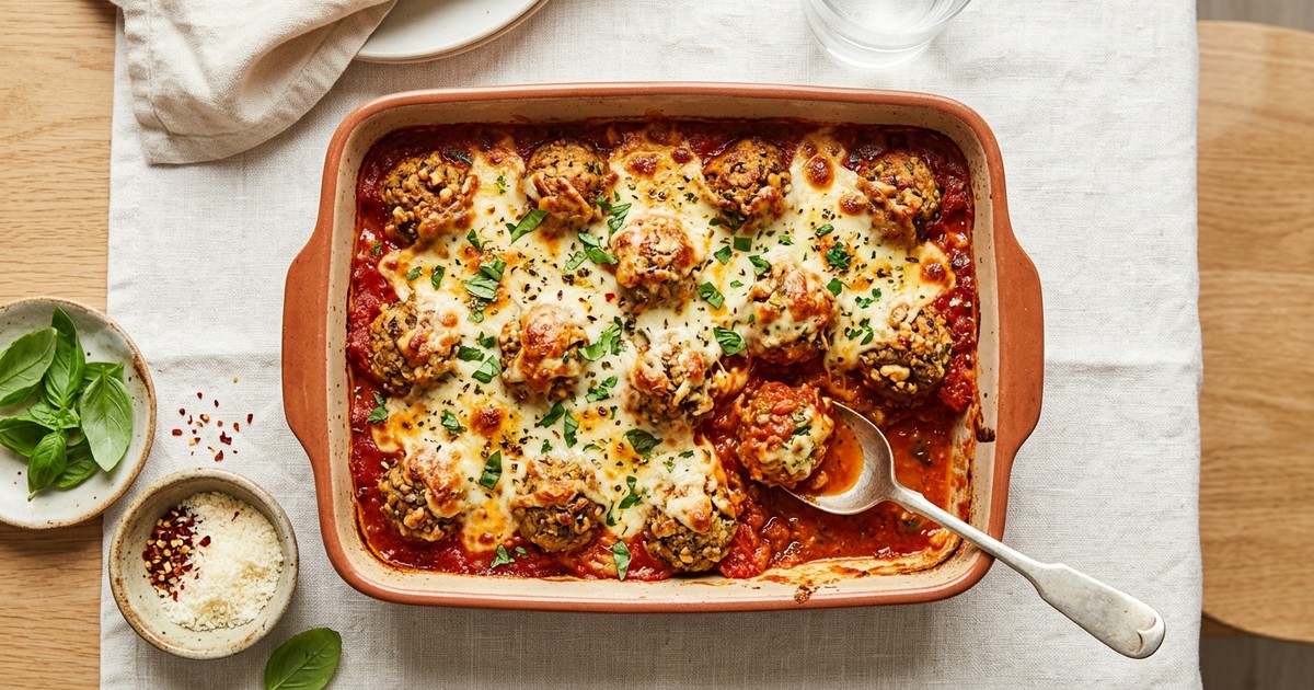 Italian Walnut & Seed "Meatball" Bake with Melted Mozzarella