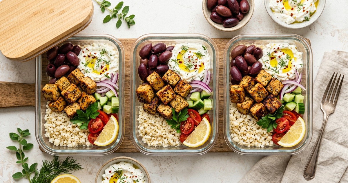 Meal-Prep Mediterranean Tempeh Bowls with Whipped Feta & Olives