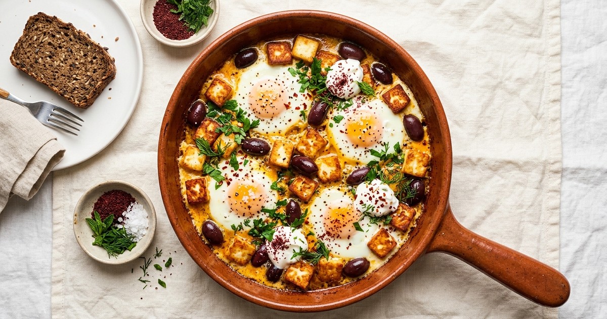 One-Pan Sumac Butter Eggs with Crispy Halloumi & Kalamata Olives