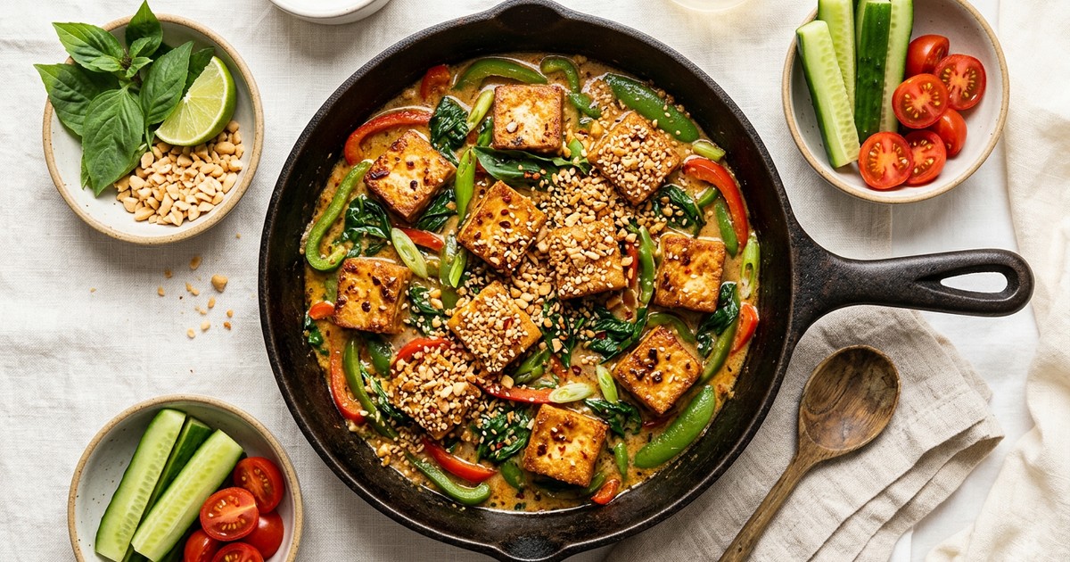 One-Pan Thai Basil Coconut Tofu with Crispy Sesame Crumble