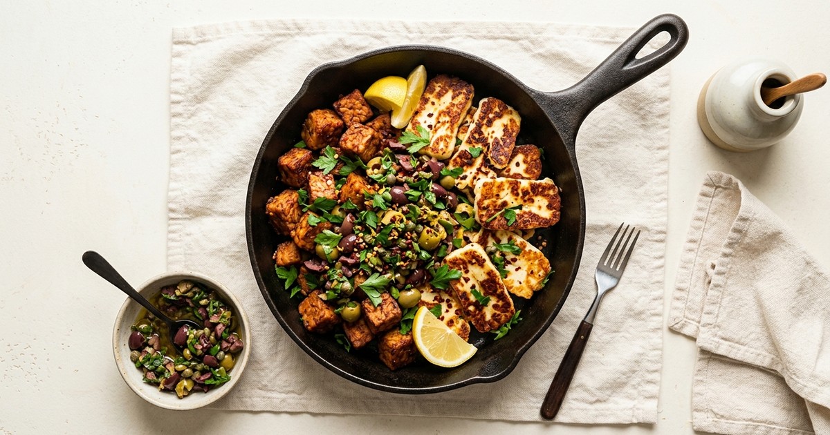 One-Skillet Aleppo Tempeh with Crispy Halloumi & Warm Olive-Caper Crush