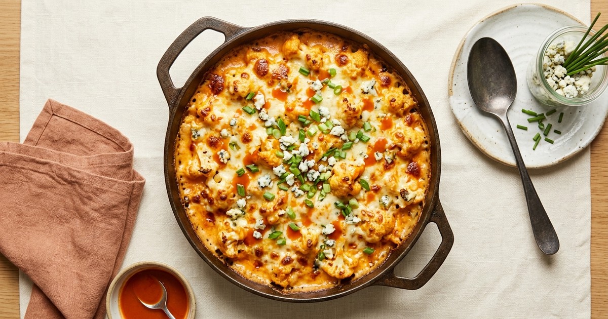 One-Skillet Buffalo Cream Cheese Cauliflower Gratin