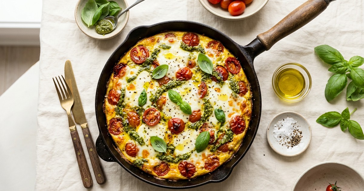 One-Skillet Caprese Frittata with Melted Mozzarella and Pesto