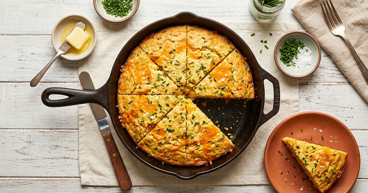 One-Skillet Cheddar & Chive Egg Cornbread (Keto)