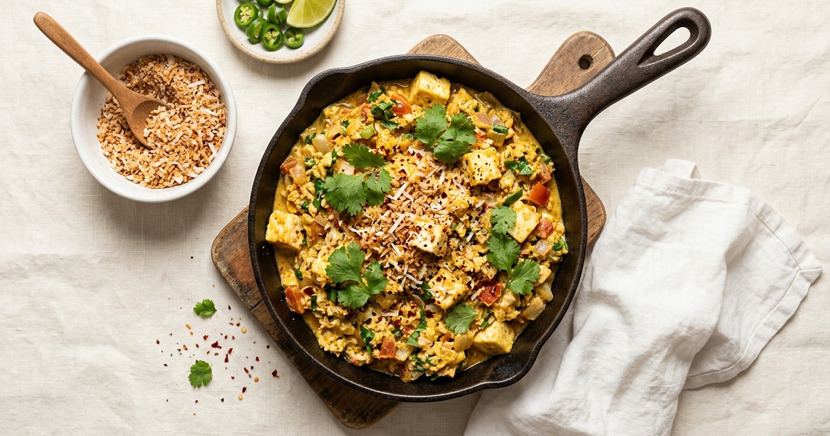 One-Skillet Coconut Anda Bhurji with Toasted Coconut Crumble