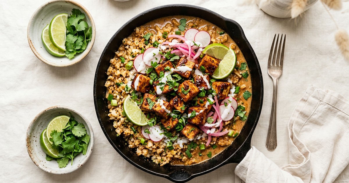 One-Skillet Coconut Chipotle Tofu with Mexican Cauliflower Rice