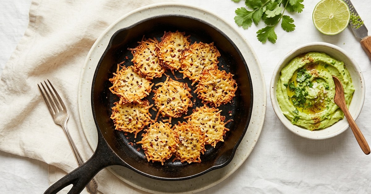One-Skillet Coconut-Cumin Cheese Crisps with Avocado-Lime Dip