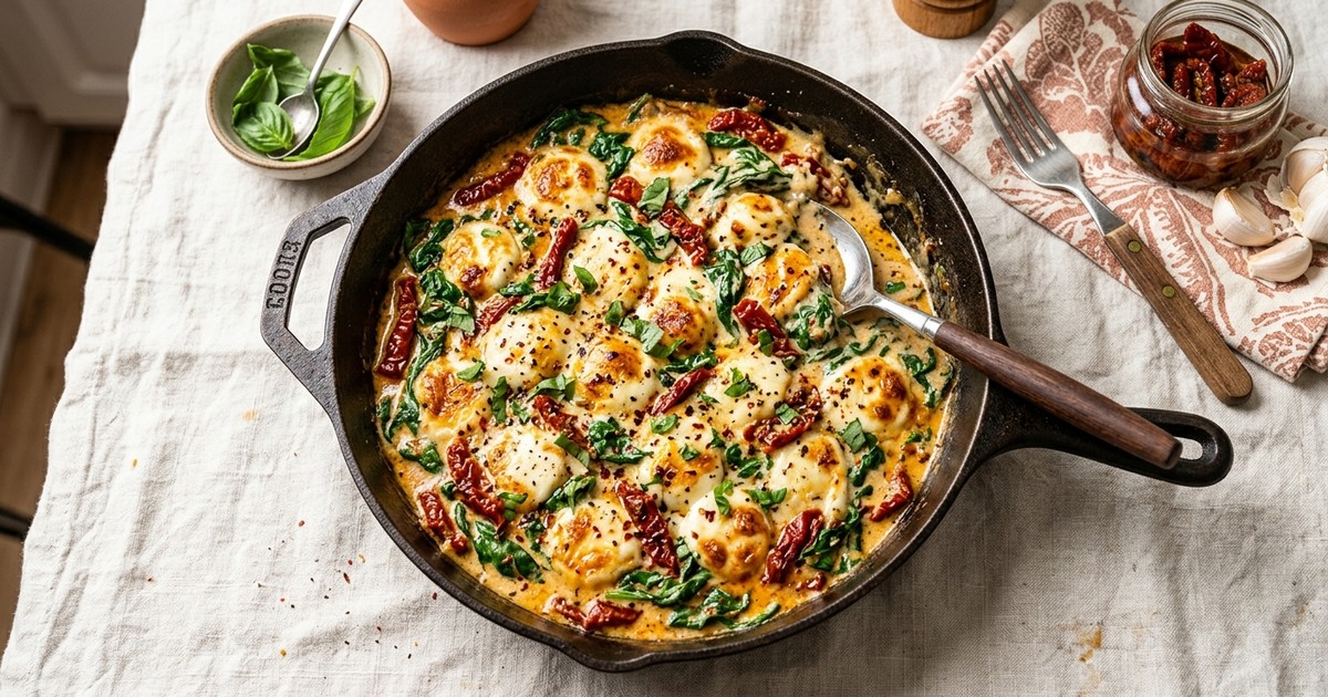 One-Skillet Creamy Tuscan Mozzarella with Sun-Dried Tomatoes