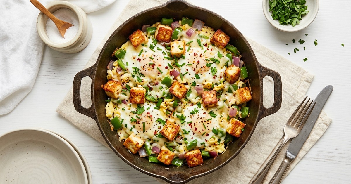 One-Skillet Crispy Paneer Denver Scramble with Pepper Jack