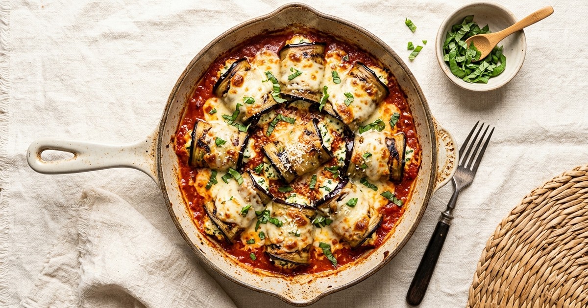 One-Skillet Eggplant Ricotta Involtini with Melted Mozzarella