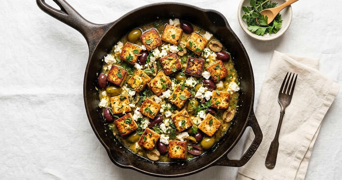 One-Skillet Greek Tofu with Feta, Olives & Lemon-Herb Butter