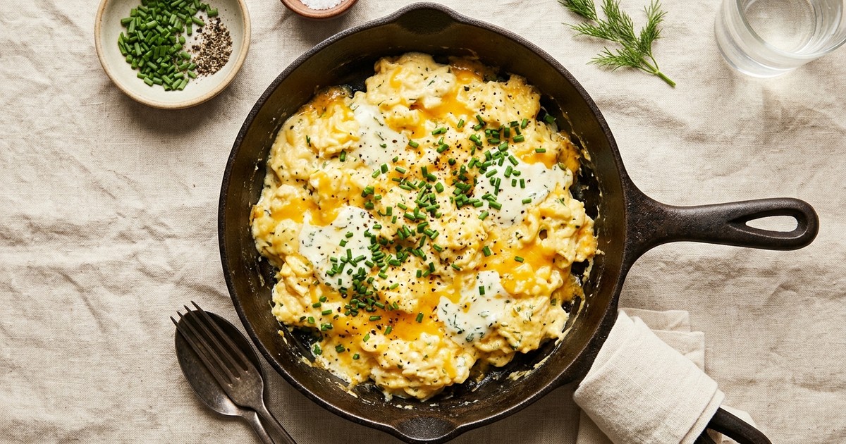 One-Skillet Loaded Cheddar & Cream Cheese Scramble with Chives