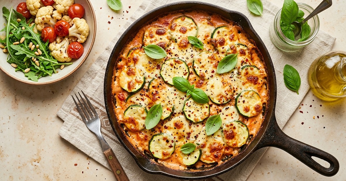 One-Skillet Mascarpone Rosa Zucchini Bake with Mozzarella & Basil
