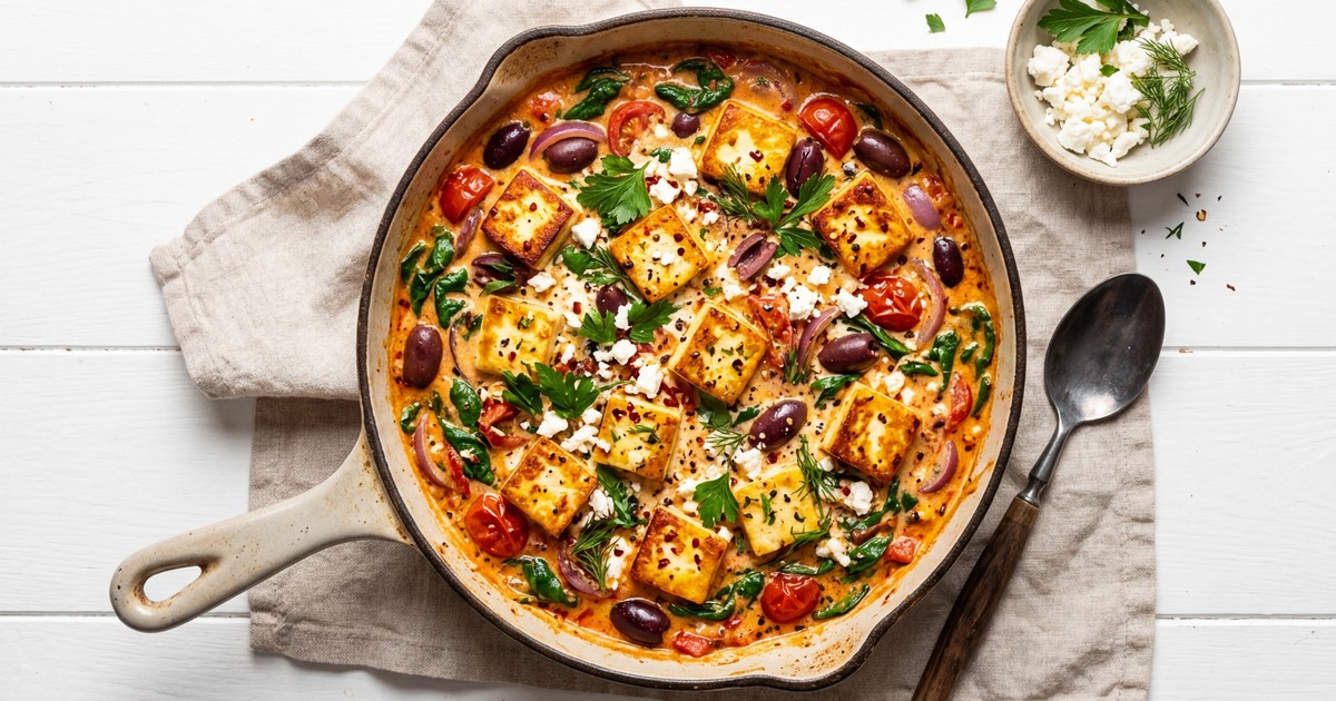 One-Skillet Mediterranean Paneer in Roasted Red Pepper Feta Cream