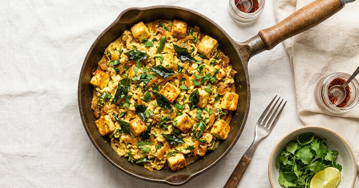 One-Skillet Paneer Akuri with Saffron Butter & Crispy Curry Leaves