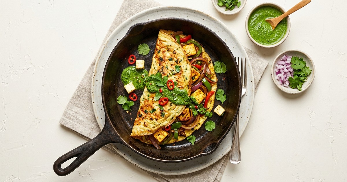 One-Skillet Paneer Kathi Roll Omelette with Mint-Cilantro Chutney