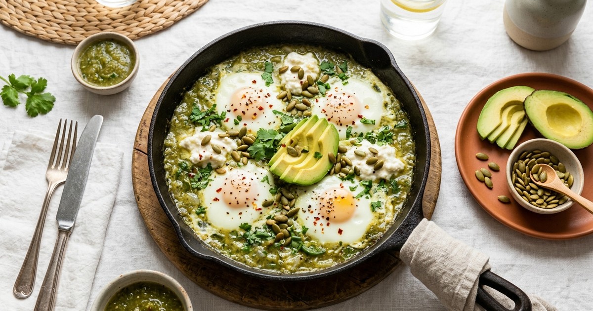 One-Skillet Salsa Verde Ricotta Eggs with Avocado & Pepitas
