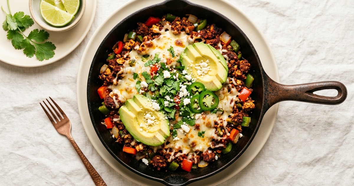 One-Skillet Tofu Chorizo with Pepper Jack and Avocado