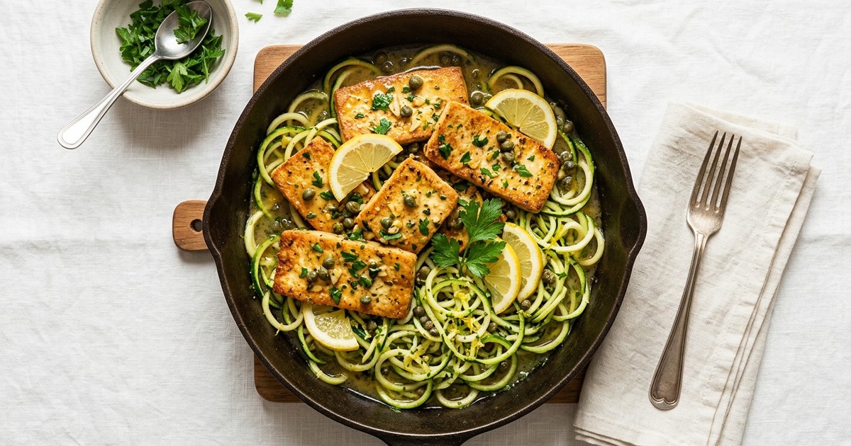 One-Skillet Tofu Piccata with Lemon-Caper Butter & Zucchini Noodles
