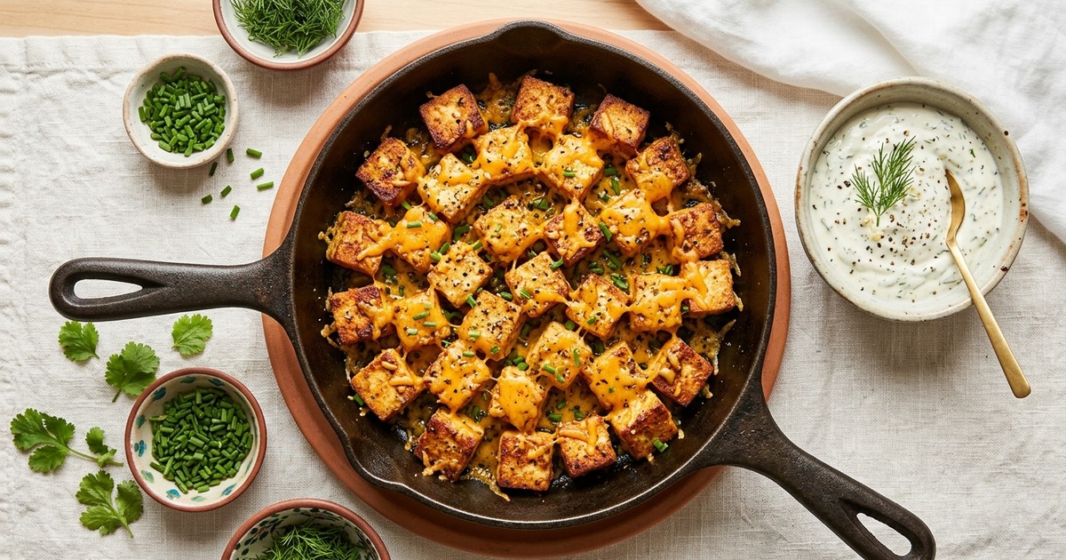 Skillet Cheddar-Ranch Tofu Poppers with Creamy Dill Dip