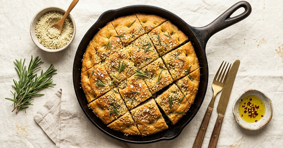 Skillet Rosemary Focaccia with Hemp Seed Parmesan (Vegan Keto)