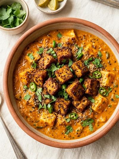 Air Fryer Achari Tempeh with Creamy Paneer Masala Sauce