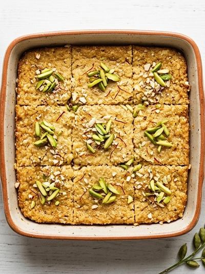 Air Fryer Cardamom Almond Kalakand with Saffron & Pistachios