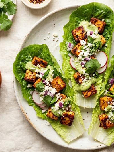 Air Fryer Chipotle-Lime Paneer Lettuce Tacos with Avocado Crema
