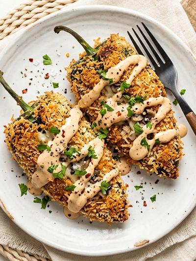 Air Fryer Coconut-Crusted Chile Rellenos with Chipotle Lime Crema